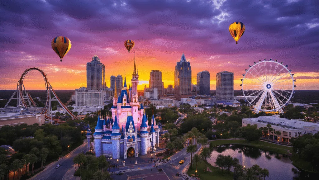 "Aerial view of Orlando's skyline at sunset featuring illuminated Cinderella's Castle, Universal's roller coasters, ICON Ferris wheel, skyscrapers, wildlife preserves, hot air balloons, zip-liner, city lights reflecting in lakes and palm tree-lined streets."