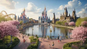 Why Orlando in March is Your Ultimate Spring Break Paradise "Aerial view of Orlando in spring, featuring Disney's Cinderella Castle and Universal's Hogwarts Castle, blooming trees, happy families, festival decorations, and a serene lake reflecting warm weather."