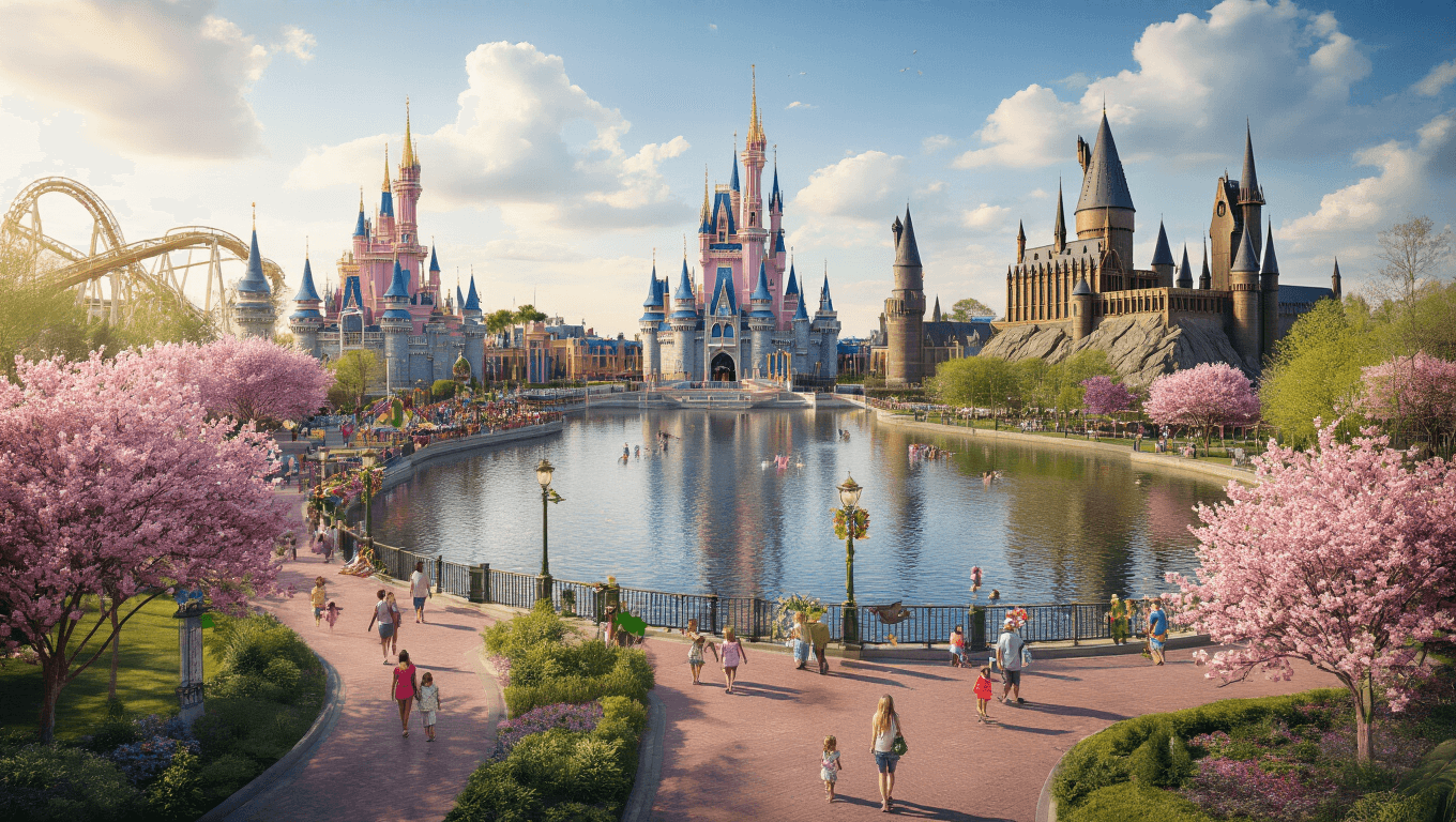 "Aerial view of Orlando in spring, featuring Disney's Cinderella Castle and Universal's Hogwarts Castle, blooming trees, happy families, festival decorations, and a serene lake reflecting warm weather."