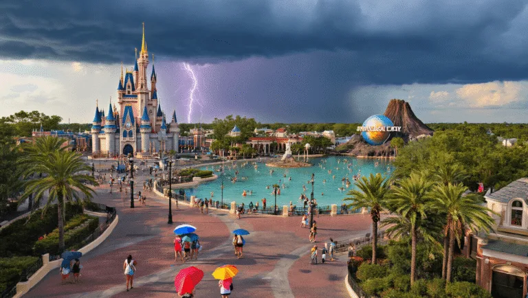 🔥 Why Orlando in August Will Shock Your Summer Travel Expectations 🌞 "Aerial view of Orlando's theme parks with Disney's Cinderella Castle and Universal's Volcano Bay, under a sunny sky with approaching storm clouds and lightning, crowded with visitors carrying colorful umbrellas and ponchos."