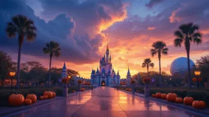 Orlando in September: Your Ultimate Insider's Guide to Beating the Crowds and Scoring Epic Adventures "Panoramic sunset view of Orlando featuring Cinderella Castle, empty theme park pathways decorated for fall and Halloween, Epcot's glowing sphere, swaying palm trees, and rain-reflective surfaces."