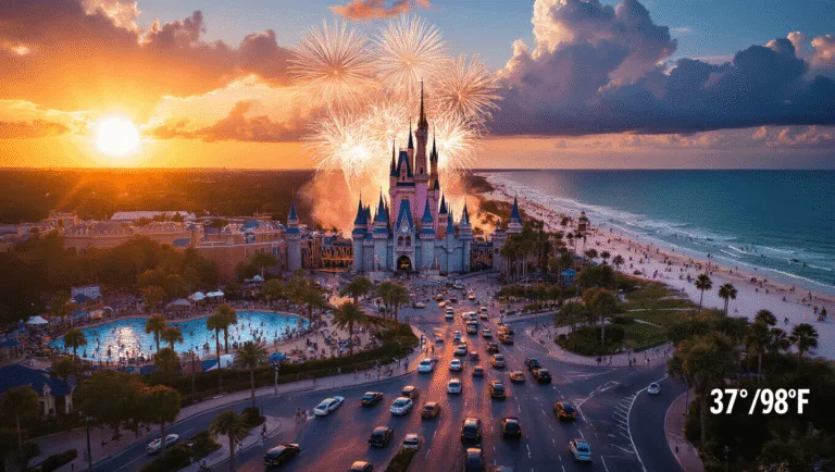 Why Orlando in April Will Be Your Best Travel Decision Yet "Aerial panorama of Orlando at sunset in April, featuring illuminated Cinderella Castle, Epcot's sphere among spring flowers, downtown skyline, Universal Studios' globe, Orlando Eye, and families enjoying outdoor activities."