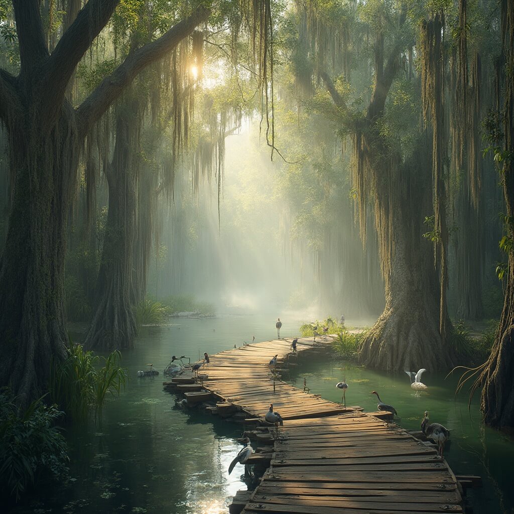 Why Orlando in October is Your Ultimate Fall Getaway Secret Eco-tourism scene in Orlando with a wooden boardwalk in a cypress swamp, Spanish moss from trees, mist, herons and ibis in clear water, and sunlight through canopy in photorealistic style