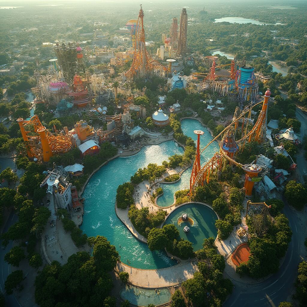Why Orlando in July is the Ultimate Summer Destination (And Why You Might Want to Reconsider) Aerial view of Orlando's busy theme parks with vibrant roller coasters amidst lush greenery, sharp shadows suggesting intense sunlight, heat waves visible on asphalt paths, no people seen.