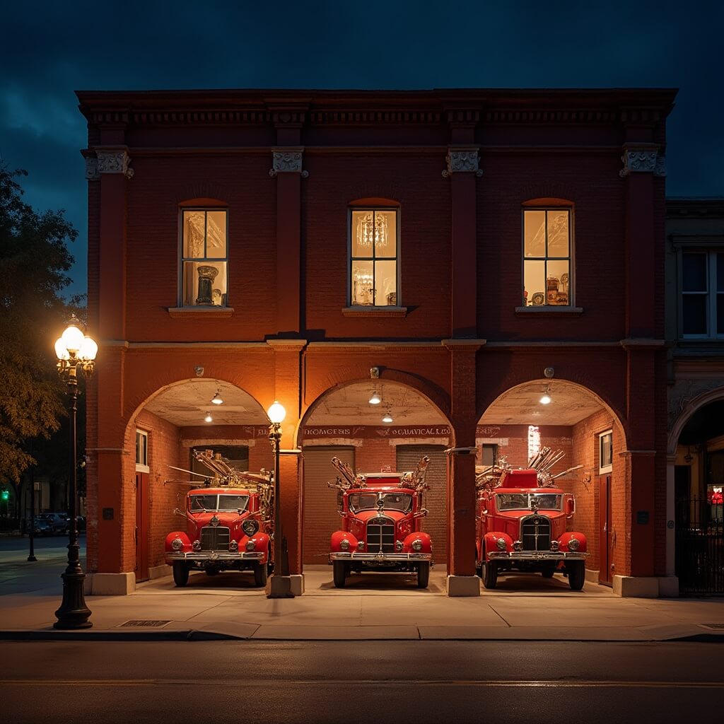 Ultimate Orlando Adventures: 8 Mind-Blowing Experiences You Can't Miss in 2025! Dramatic night view of Victorian-era fire museum in Orlando with red brick architecture, brass fixtures, and vintage fire trucks visible through arched windows, lit by antique street lamps