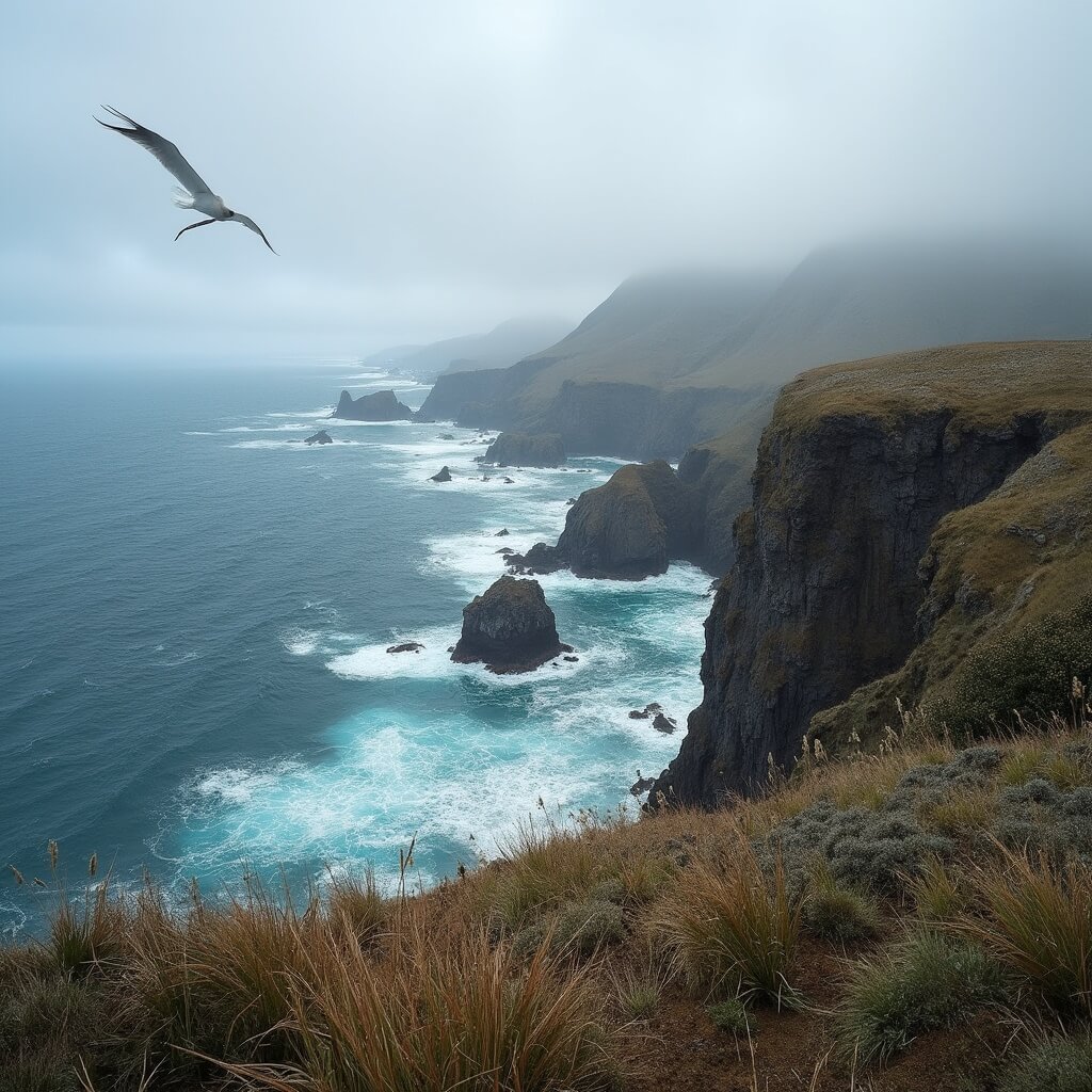 Dunedin: Your Ultimate Adventure Playground in New Zealand's South Island Royal Albatross soaring above the dramatic rocky coastline of Otago Peninsula under a stormy sky, embodying the raw and pristine wilderness of New Zealand