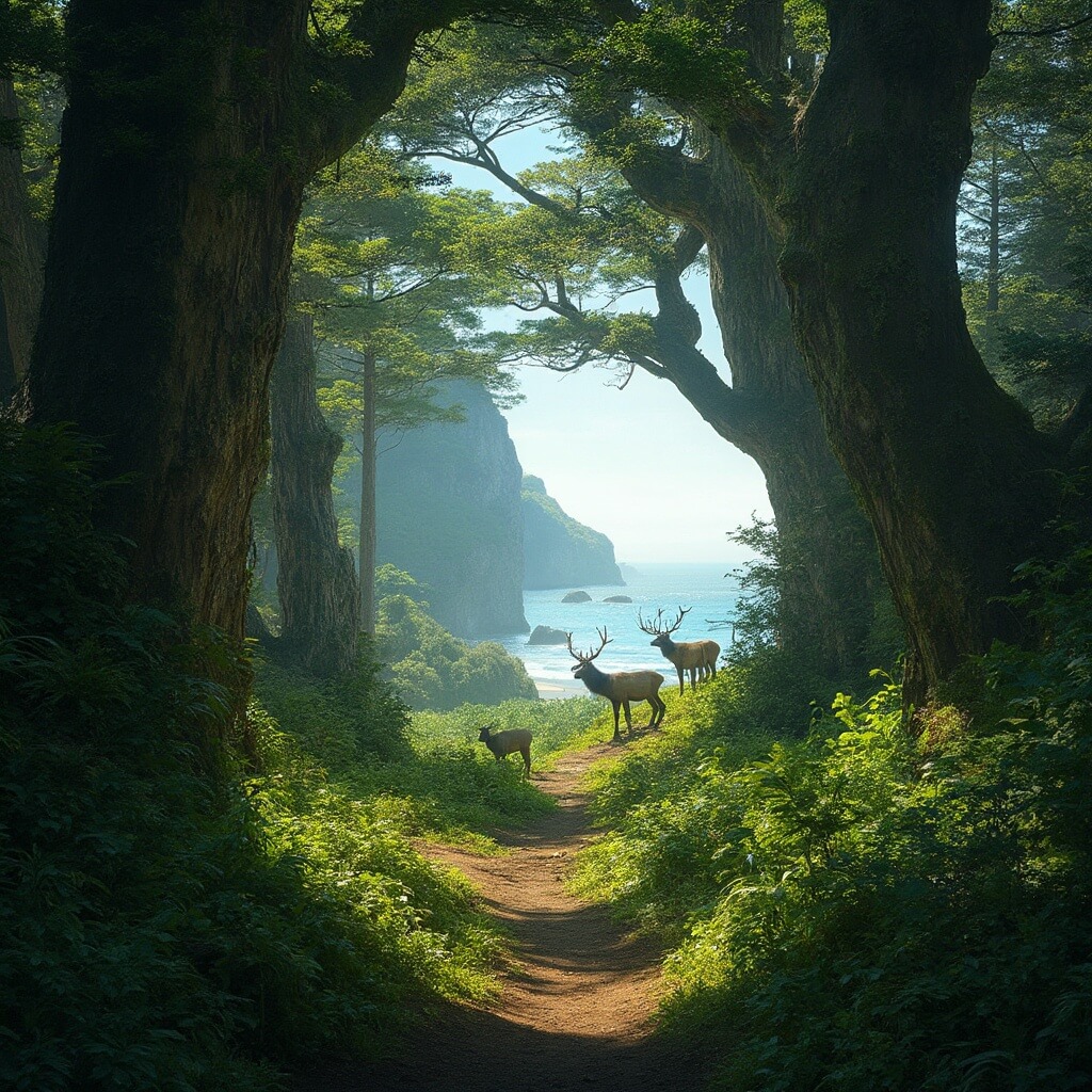 The Ultimate Seaside Adventure: Unleash Your Coastal Playground! Scenic forest trail leading to distant coastline, ancient moss-covered trees, sunlight streaming through dense leaves, elk grazing in a clearing, in a stunning photographic landscape with rich colors and depth.