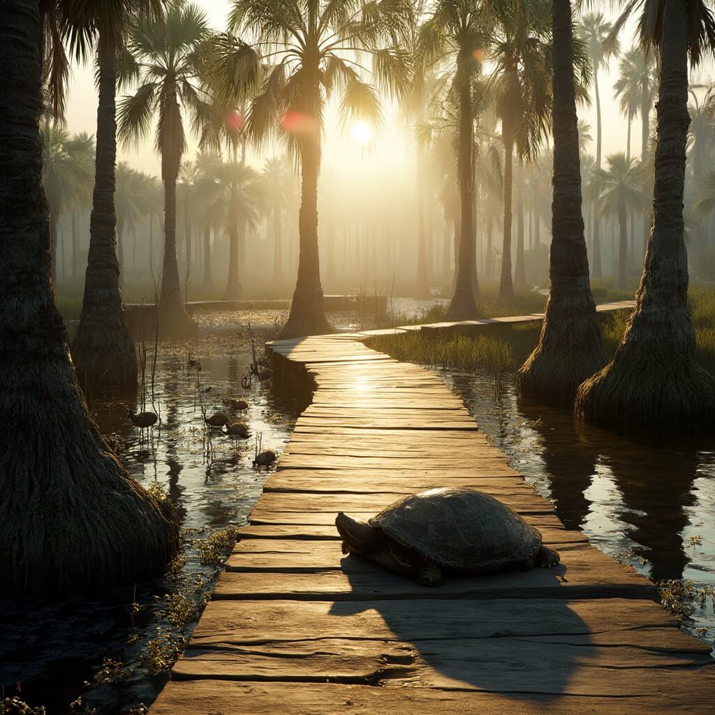 Fun Things to Do in Mount Dora: Your Ultimate Weekend Escape Guide Scenic wooden boardwalk at Palm Island Park during golden hour with palm trees, cypress knees, a sunbathing turtle and wading birds in natural lighting.