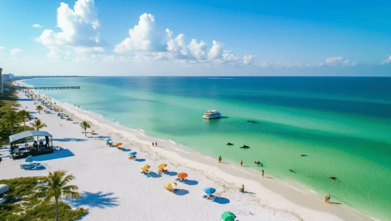 Why April is Your Secret Weapon for the Ultimate Panama City Beach Escape "Aerial drone view of Panama City Beach in spring, featuring clear Gulf waters, scattered beach umbrellas, dolphins near Shell Island, paddle boarders, sunset cruise boat, volleyball players, SandJam Music Festival stage, palm trees, and natural golden lighting"