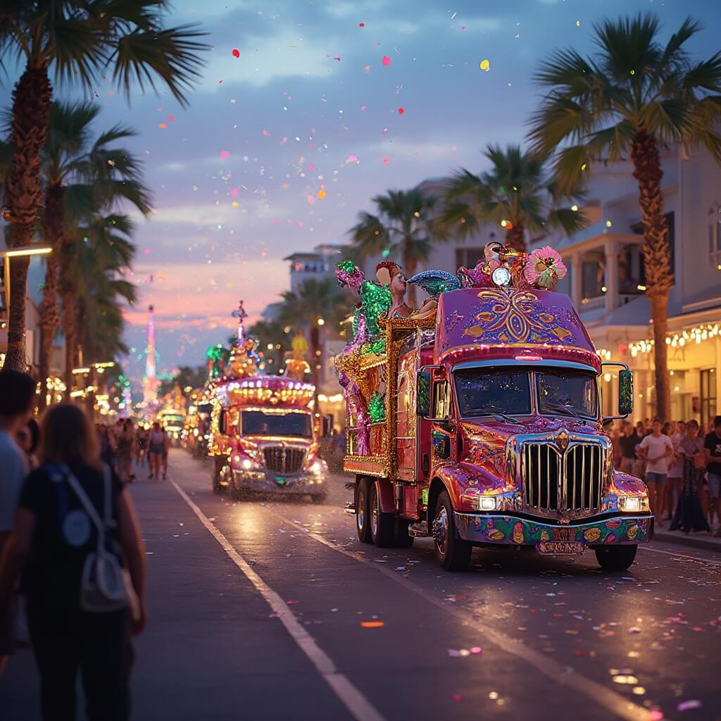 Why Panama City Beach in February is Your Ultimate Winter Escape Colorful parade floats and performers at the Panama City Beach Mardi Gras and Music Festival with spectators, palm trees and beach-themed architecture in the background