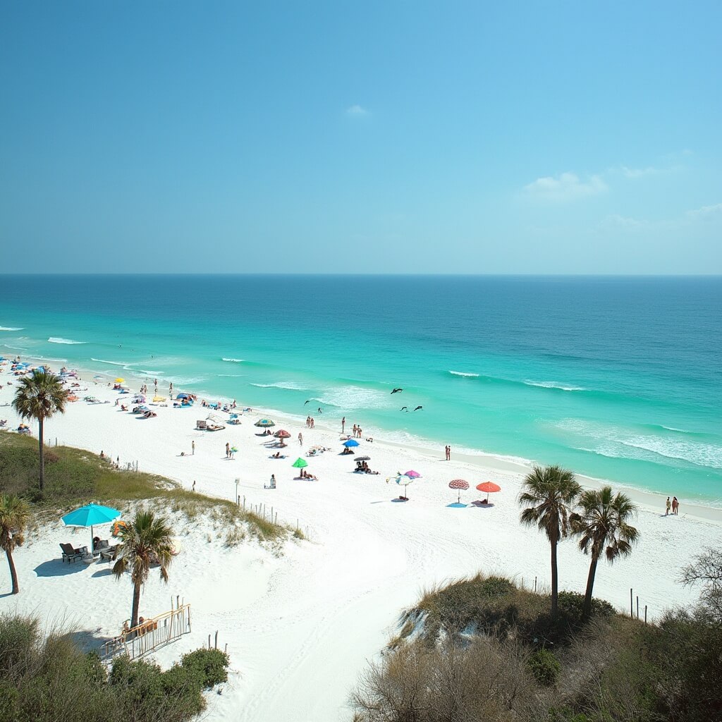 Panoramic view of Panama City Beach with white sand, turquoise waters, palm trees, colorful beach umbrellas, and dolphins in the distance