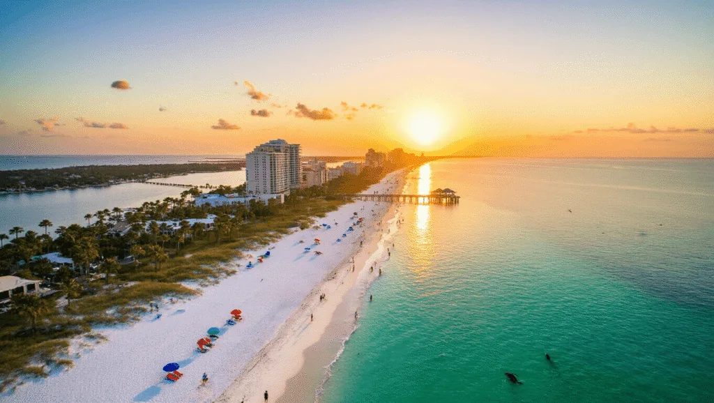 🏖️ Panama City Beach in May: Your Ultimate Insider's Guide to Sun, Sand, and Serenity "Aerial view of Panama City Beach at sunset in May, featuring emerald waters and white sand, scattered beachgoers, colorful umbrellas, swaying palm trees, distant Pier Park, playful dolphins, and a parasailing boat, conveying serenity and spaciousness."