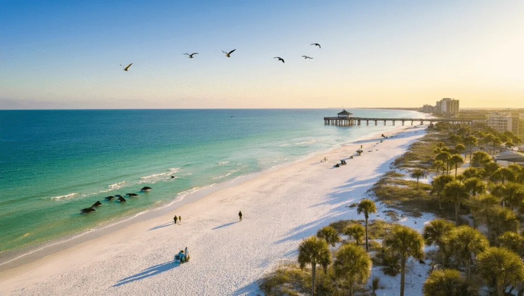 Why Panama City Beach in February is Your Ultimate Winter Escape "Aerial view of Panama City Beach in February with sparse crowds, emerald-green waters, dolphins near the shoreline, beachgoers walking along the water's edge, iconic pier in the distance, birds overhead, St. Andrews State Park and modern beachfront architecture."