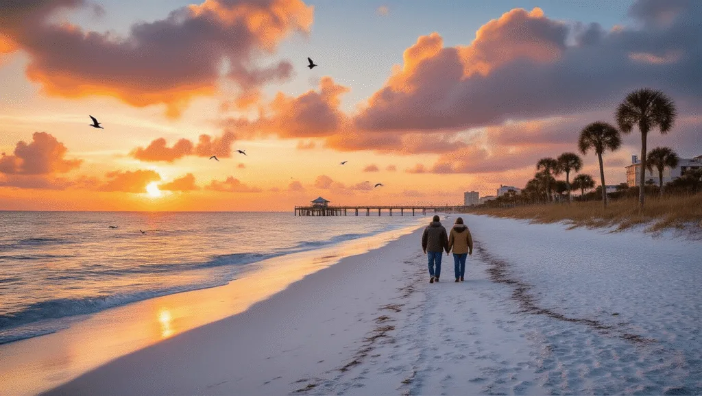 Why Panama City Beach in January Will Blow Your Mind (Without Breaking the Bank) "Couple walking on Panama City Beach at sunset in winter, surrounded by pristine white sand, vibrant orange and pink clouds, swaying palm trees, soaring seabirds, a distant fishing pier, and playful dolphins in the Gulf waters."