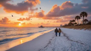 Why Panama City Beach in January Will Blow Your Mind (Without Breaking the Bank) "Couple walking on Panama City Beach at sunset in winter, surrounded by pristine white sand, vibrant orange and pink clouds, swaying palm trees, soaring seabirds, a distant fishing pier, and playful dolphins in the Gulf waters."