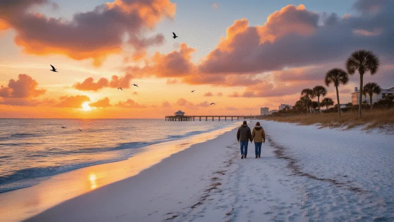 Why Panama City Beach in January Will Blow Your Mind (Without Breaking the Bank) "Couple walking on Panama City Beach at sunset in winter, surrounded by pristine white sand, vibrant orange and pink clouds, swaying palm trees, soaring seabirds, a distant fishing pier, and playful dolphins in the Gulf waters."