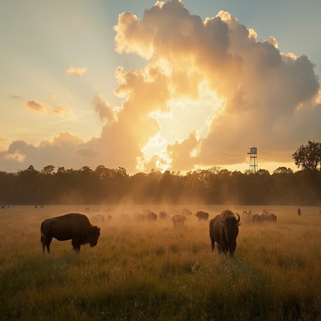 Wild bison grazing at sunset in Paynes Prairie Preserve State Park with Spanish moss trees and observation tower in the distance