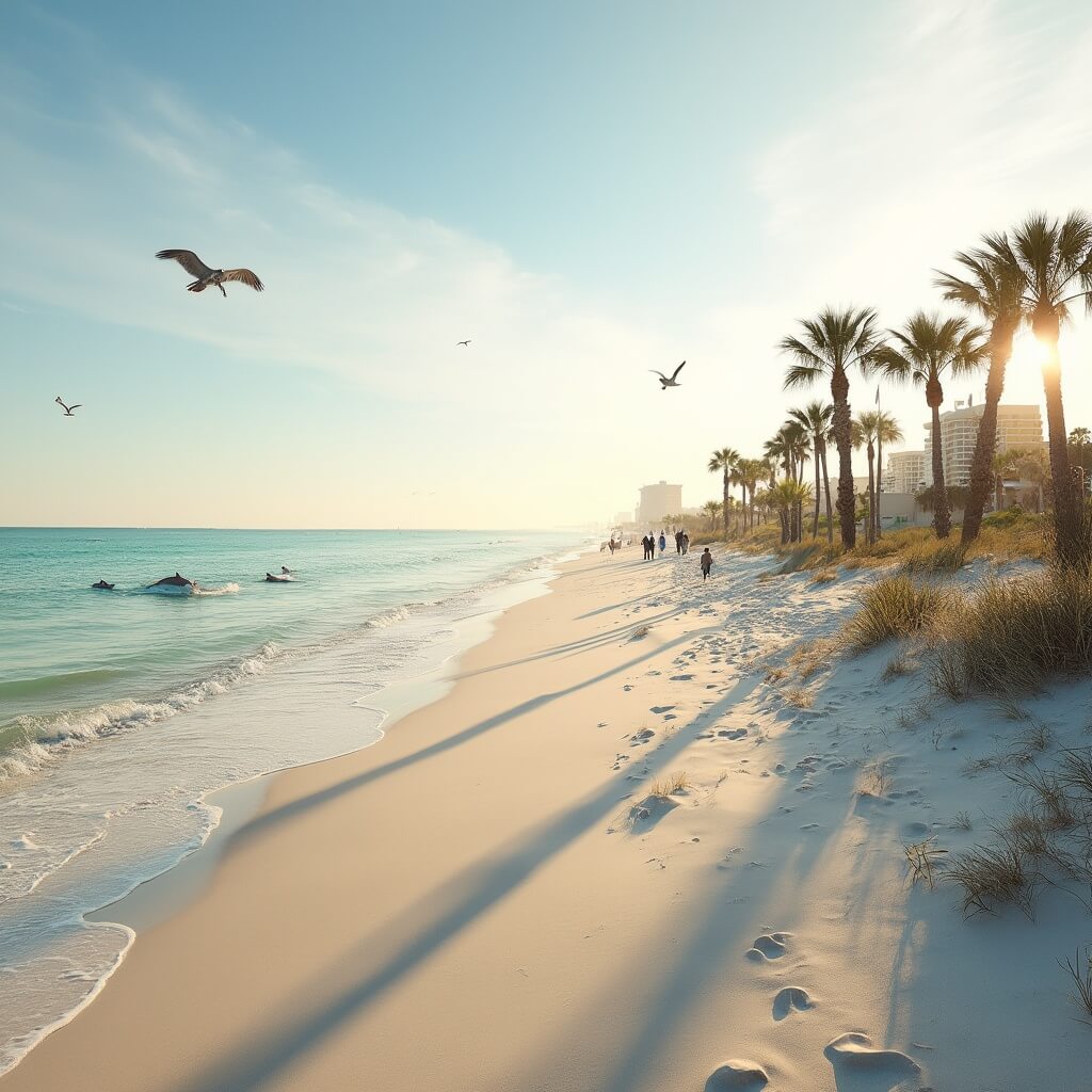 Serene February beach scene in Panama City with people walking on the shoreline, dolphins playing in turquoise waters, palm trees swaying in the breeze and golden sunlight lighting up the sandy beach.