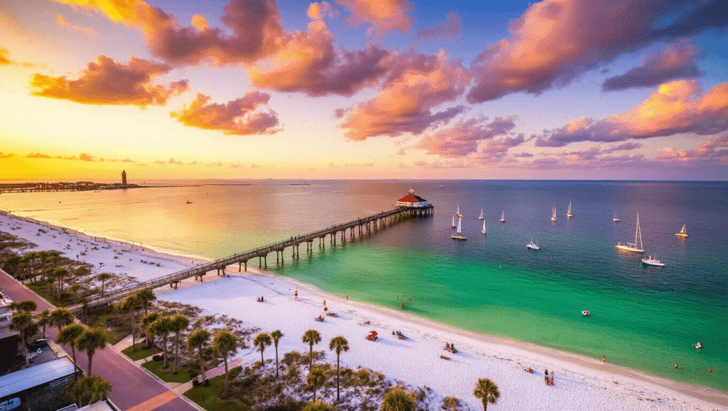 Discover Pensacola: Your Ultimate Adventure Playground "Aerial view of Pensacola Beach at sunset, showing white sandy beaches, emerald Gulf waters, Pensacola Beach Pier, the Naval Aviation Museum, palm trees, beachgoers, sailboats, and a historic lighthouse with a vibrant sky backdrop."