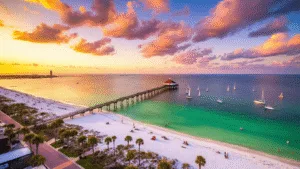 Discover Pensacola: Your Ultimate Adventure Playground "Aerial view of Pensacola Beach at sunset, showing white sandy beaches, emerald Gulf waters, Pensacola Beach Pier, the Naval Aviation Museum, palm trees, beachgoers, sailboats, and a historic lighthouse with a vibrant sky backdrop."