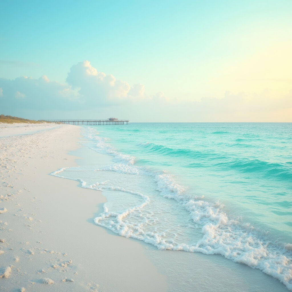 Wide-angle view of pristine Pensacola Beach with clear turquoise Gulf waters, golden sunlight, gentle waves at shoreline, and distant pier