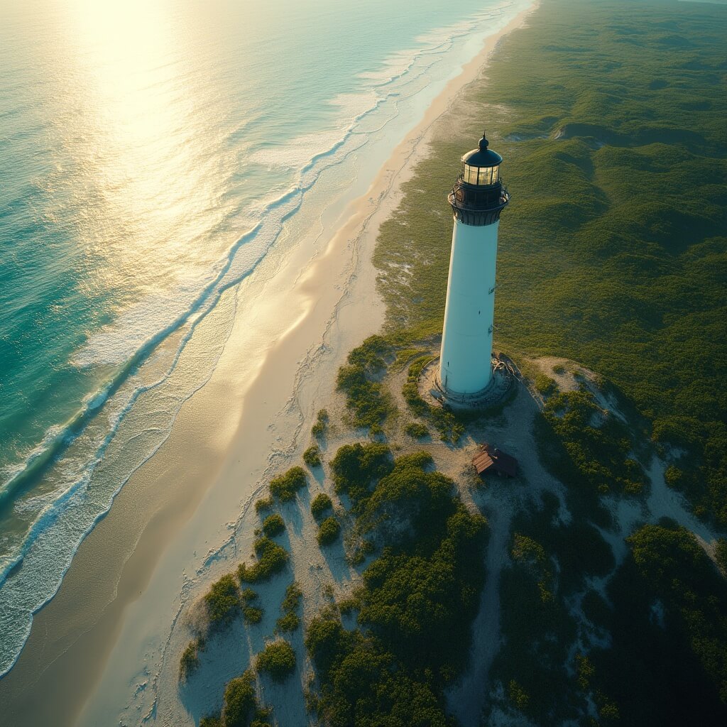 Daytona Beach in April: Your Ultimate Sun-Soaked Adventure Guide (Without the Tourist Traps!) Aerial view of Ponce Inlet lighthouse on pristine coast with golden sunlight, clear ocean, and surrounding green vegetation, without any people