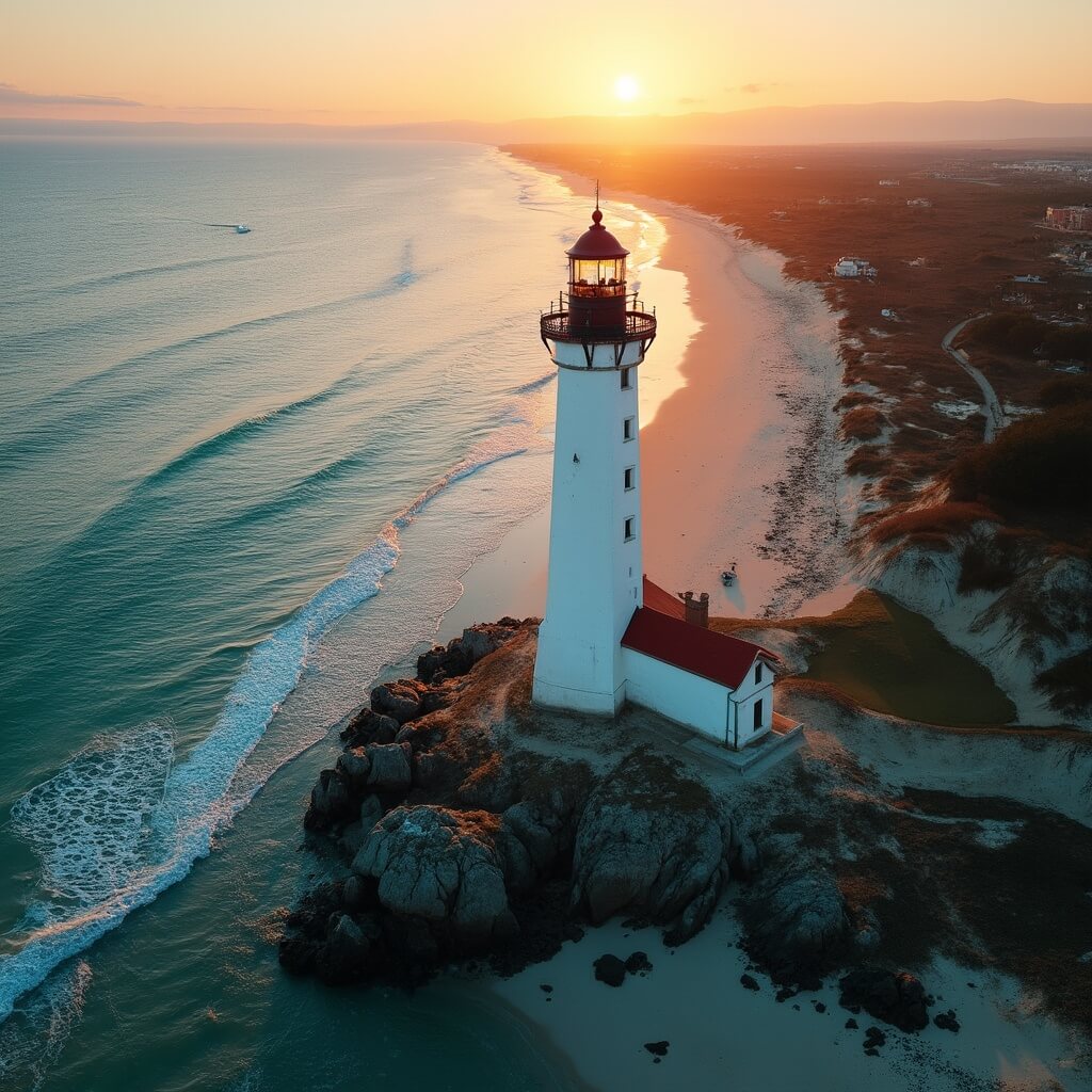 Why Daytona Beach in November is Your Secret Escape (Without the Summer Crowds) Aerial view of Ponce de Leon Inlet Lighthouse at golden hour with pristine beach and turquoise waters