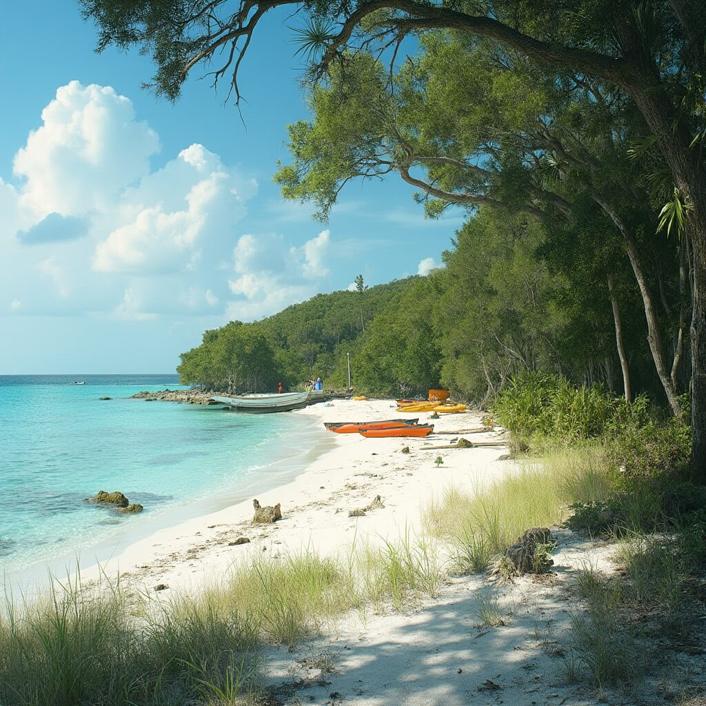 Unveiling St. Augustine: Your Ultimate Adventure Guide to Florida's Hidden Gem Early morning at Anastasia State Park with pristine sandy beach, crystal clear turquoise waters, maritime forest, native sea grasses, pine trees filtering sunlight, and unoccupied kayaks on the shoreline