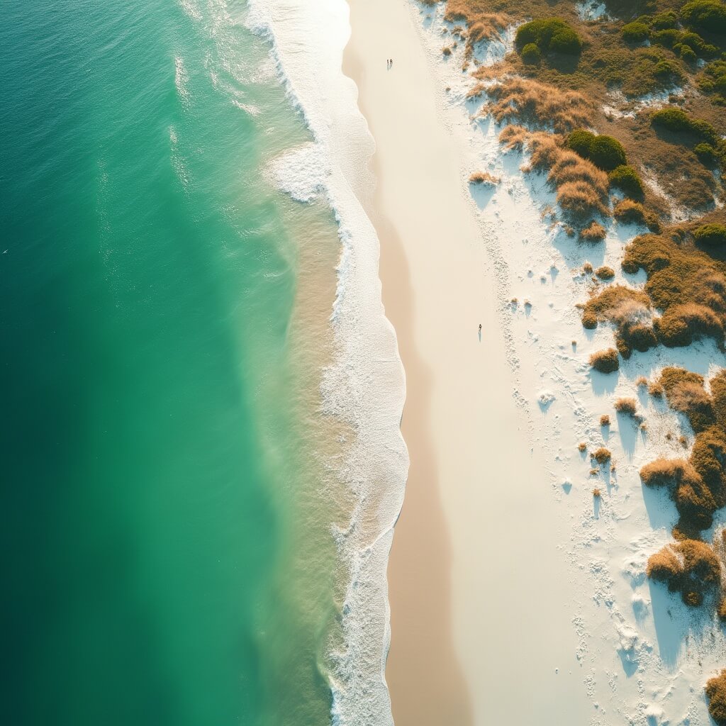 Ultra-realistic aerial drone shot of untouched white sandy beach with emerald green waters and dune vegetation, perfect sunlight creating a serene atmosphere, no people in sight