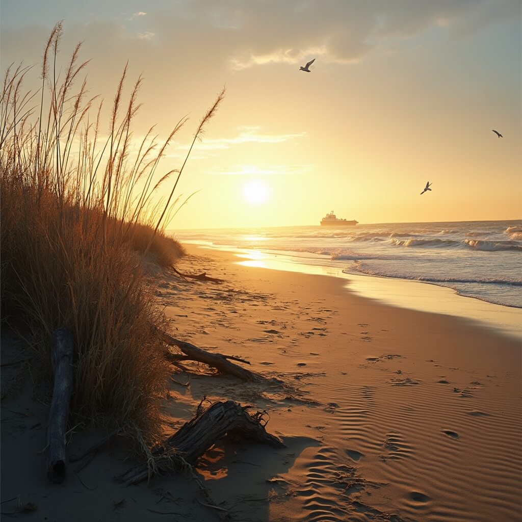 Outdoor Adventures and Hidden Gems: Why Apalachicola Will Steal Your Heart Sunset at Saint Vincent National Wildlife Refuge with driftwood scattered along untouched beach, sea oats in the foreground, birds flying overhead, and a distant ferry under golden light.