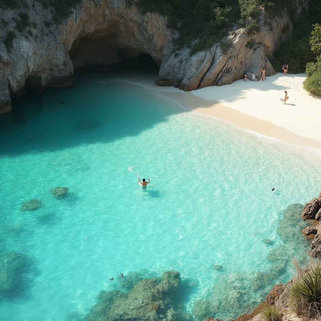 Key West in July: Your Ultimate Tropical Escape Guide Secluded tropical beach scene with turquoise water, minimal human presence, coral rock formations, marine life visible beneath crystal clear water, native plants, and soft sunlight