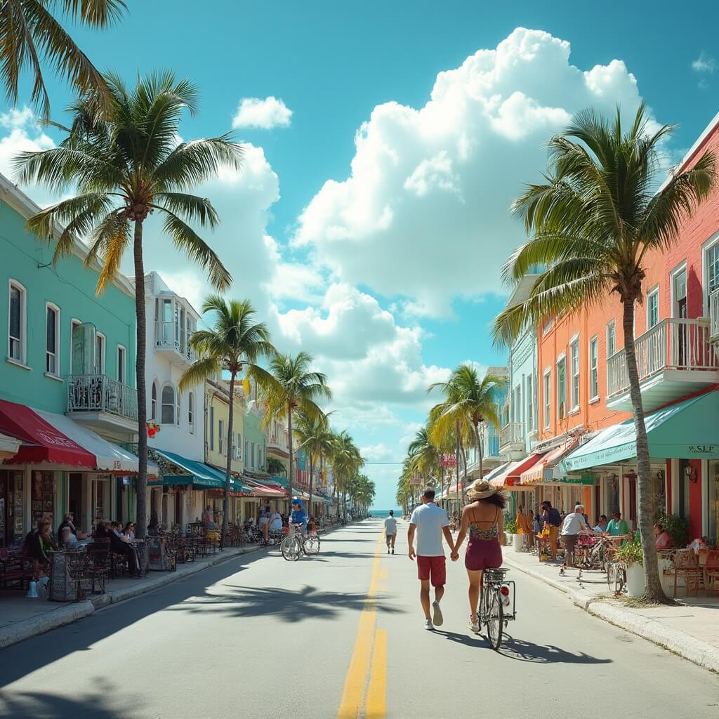 Unlocking Key West's Secret September: Why This Sultry Month is Your Ultimate Island Escape Sunlit Duval Street in Key West during September, featuring colorful buildings, bicycling locals, swaying palm trees, blue sky with white clouds, and a strolling tourist couple.