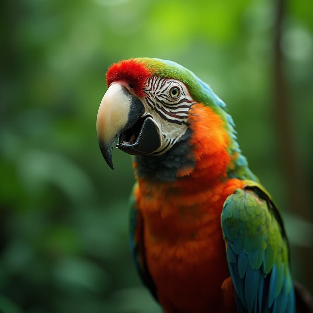 Unlock West Palm Beach's Hidden Playground: A Traveler's Ultimate Guide Close-up of a colorful rescued parrot at McCarthy's Wildlife Sanctuary, surrounded by lush green foliage under soft natural light, showcasing detailed feather textures in a realistic wildlife photography style