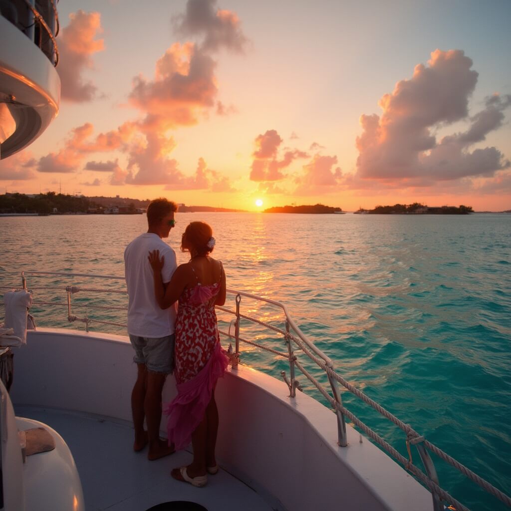 Unlocking Key West's Secret September: Why This Sultry Month is Your Ultimate Island Escape Romantic couple on a sunset cruise in Key West with tropical islands silhouetted in distance, under a pastel sky with orange and pink shades, enjoying the serene maritime landscape amidst turquoise waters