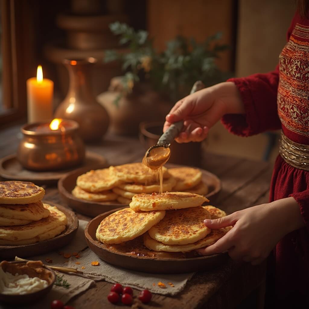 St. Petersburg in March: Two Cities, Worlds Apart Close-up of traditional Russian Maslenitsa festival with stacks of golden-brown blini pancakes on wooden plates, hands of a folk artisan preparing food in embroidered clothing, candlelit rustic kitchen with copper pots and traditional textiles