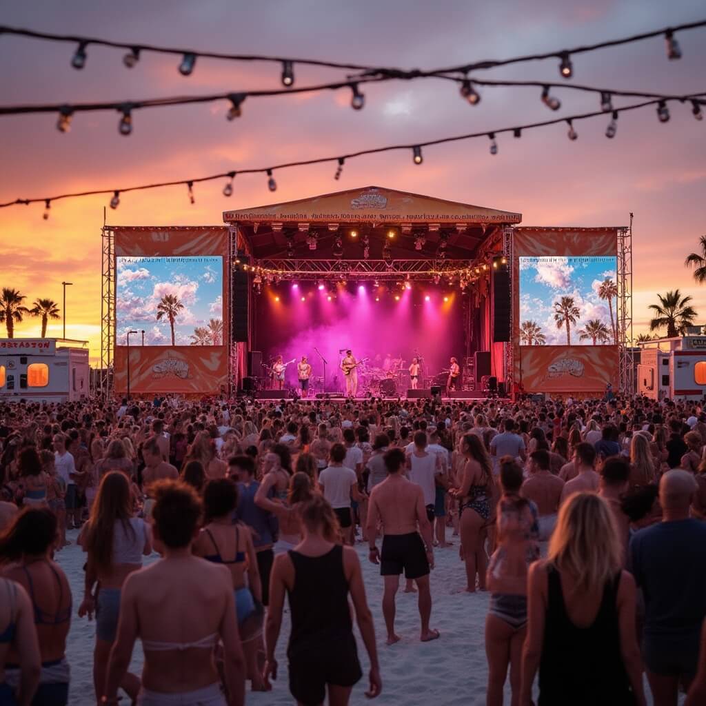 Why April is Your Secret Weapon for the Ultimate Panama City Beach Escape Musicians performing at SandJam Music Festival on Panama City Beach during a sunset, with crowd enjoying the music, beach balls in the air, food trucks and string lights around, and waves lapping in the background.