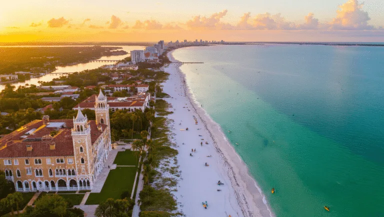 Sarasota Secrets: The Ultimate Insider's Guide to Mind-Blowing Adventures & Hidden Gems "Aerial panoramic view of Sarasota coast at golden hour featuring Ringling Museum Complex and Ca' d'Zan Mansion, Siesta Key's pristine beach, Sarasota Bay with kayakers and dolphins, Myakka River State Park, and Bay Park waterfront in photorealistic style."