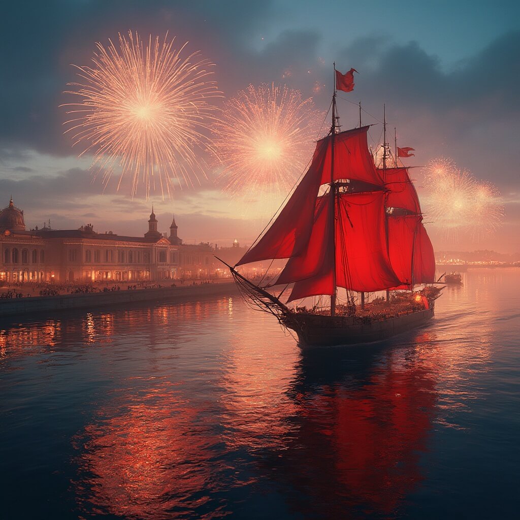 St. Petersburg in June: Your Ultimate White Nights Adventure Guide Scarlet Sails festival in St. Petersburg with historic sailing ship with crimson sails on Neva River, set against fireworks and twilight sky, with crowd on riverbanks and city skyline in the background