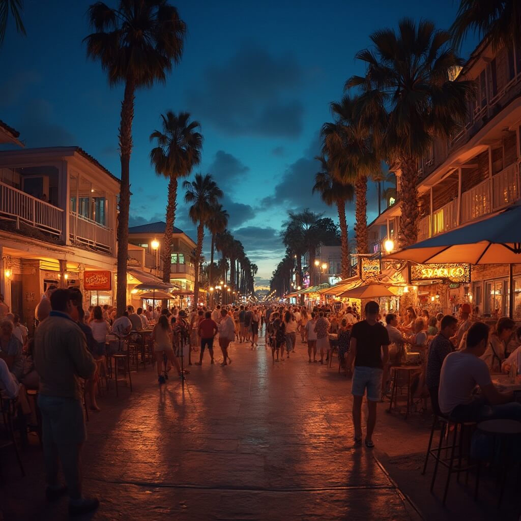 Unlock Daytona Beach's Hidden May Magic: Your Ultimate Insider's Guide Bustling nighttime scene on Seabreeze Boulevard with busy outdoor bar patios, live music silhouettes, classic Florida architecture, swaying palm trees and lively crowd of locals and tourists