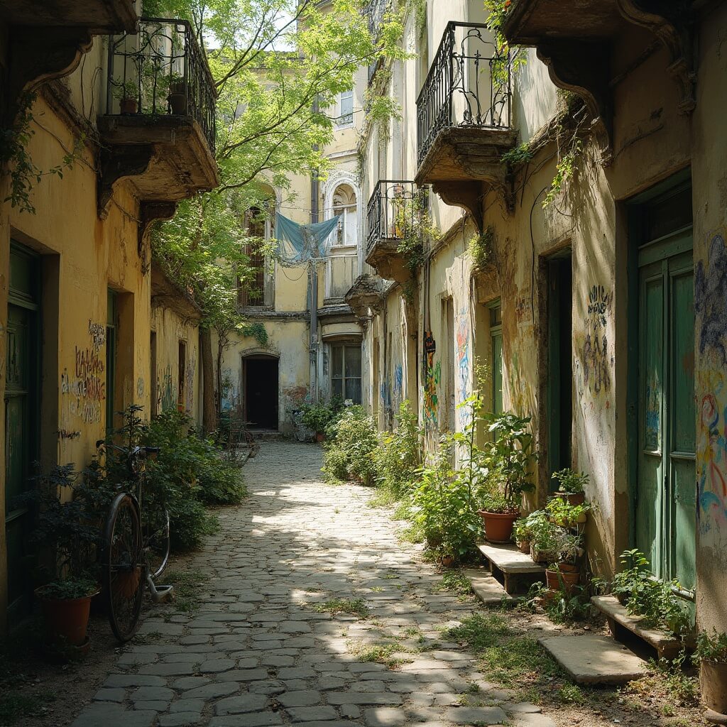 St. Petersburg in July: Your Ultimate Guide to Russia's Summer Magic Courtyard in Liteyny District, St. Petersburg with Art Nouveau buildings, wildflowers on cobblestones, old trees, street art, vintage bicycle and laundry lines on a summer afternoon