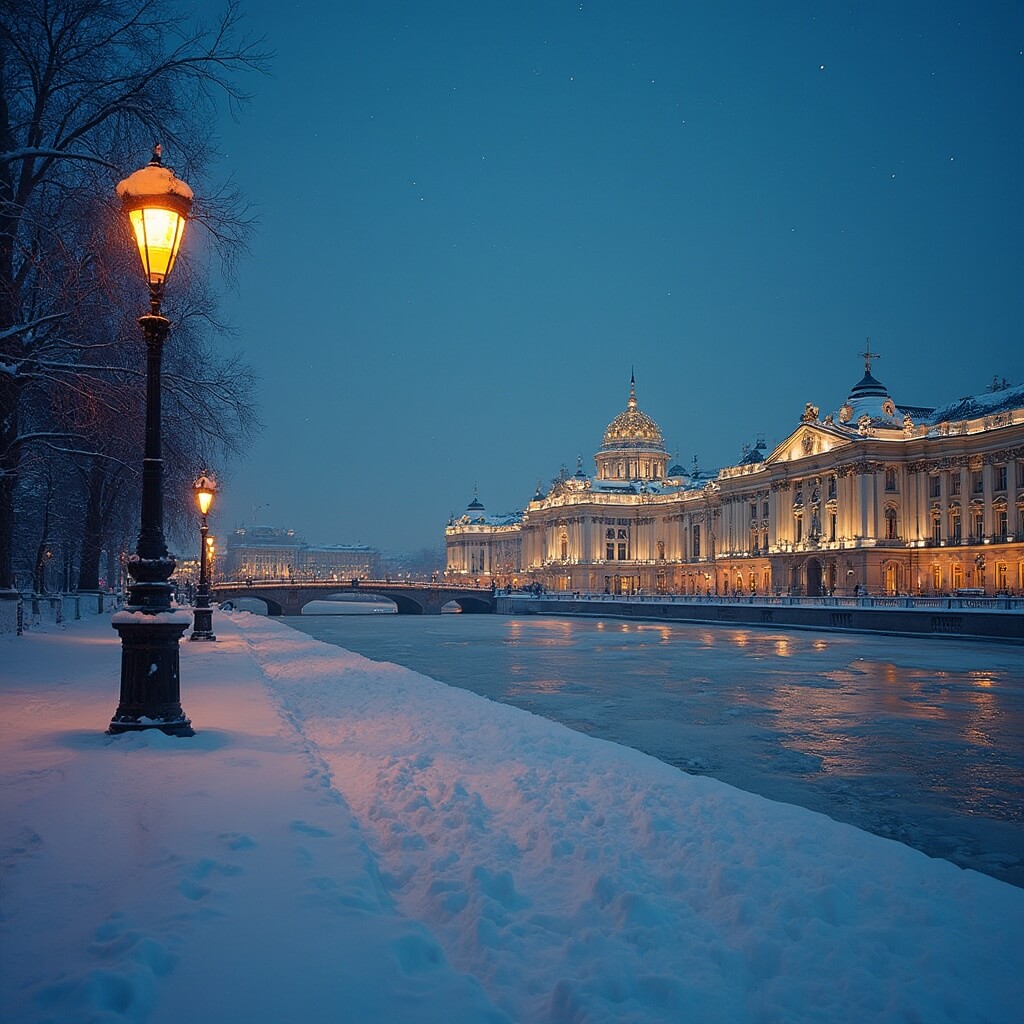 St. Petersburg in January: Two Starkly Different Winter Destinations Unveiled Dusk view of snow-covered Saint Petersburg with illuminated Hermitage Museum reflecting in frozen Neva River under a starry sky