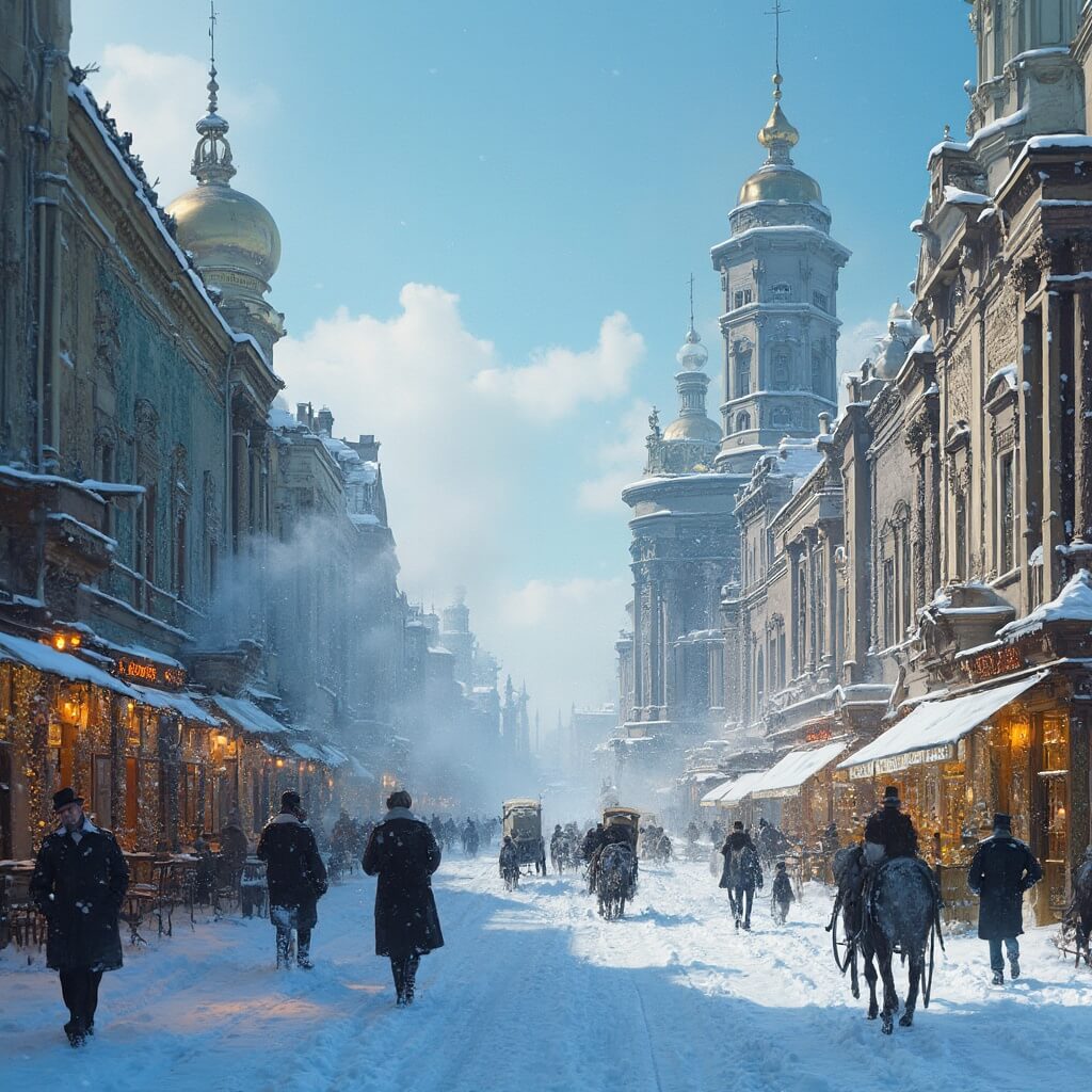 Are You Torn Between Two St. Petersburgs? Your Ultimate February Travel Guide Revealed! Historic snow-covered street in St. Petersburg showcasing baroque 18th-century architecture with golden domes, horse-drawn carriages, stylishly dressed locals, and steamy vintage cafes under a clear winter sky.