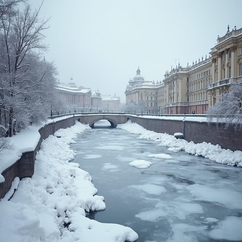Are You Torn Between Two St. Petersburgs? Your Ultimate February Travel Guide Revealed! Majestic snow-laden St. Petersburg cityscape with intricate ice formations on canal, Winter Palace's ornate baroque architecture, frost-covered trees, and classic Russian architecture under soft grey winter light