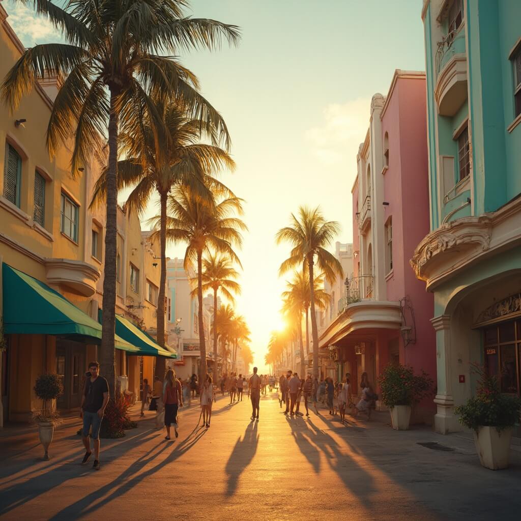 South Beach in November: Your Ultimate Escape from Winter's Chill Art Deco architecture with pastel-colored buildings, palm trees, and pedestrians at golden hour in a vibrant South Beach street scene
