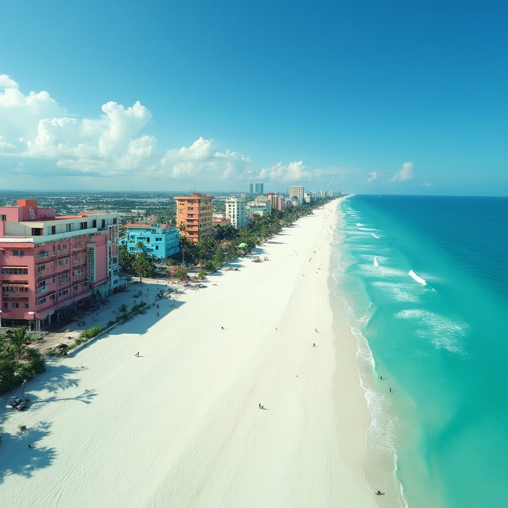 Aerial view of South Beach featuring white sandy beach, turquoise waters, pastel Art Deco buildings, clear blue sky, and detailed architectural lines, with no people visible