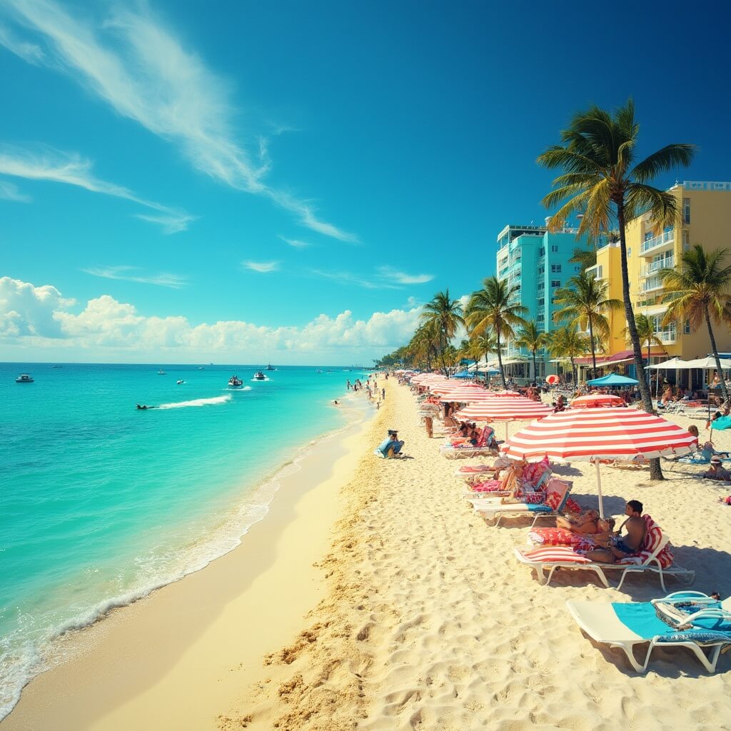 Colorful beach scene in South Beach, Miami during November, with beach umbrellas, loungers, palm trees, clear turquoise waters, art deco buildings, jet skis, and beachgoers under a bright blue sky
