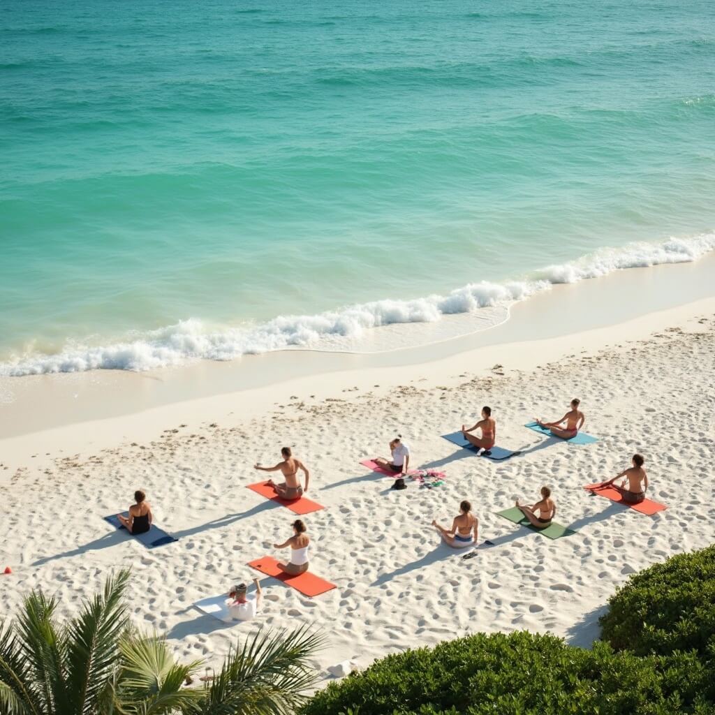 South Beach in October: Your Ultimate Paradise Guide That Will Make Every Traveler Drool Early morning yoga session on pristine South Beach with individuals in athletic wear on minimalist fitness mats, surrounded by lush green vegetation, under soft light, with calm turquoise ocean waves in the background