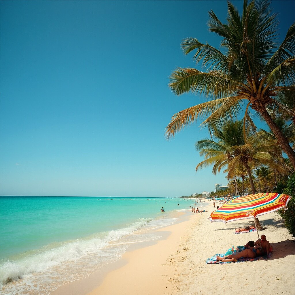 Sunlit South Beach shoreline with turquoise waters, golden sand, swaying palm trees, a few beachgoers, and a colorful beach umbrella in the foreground.