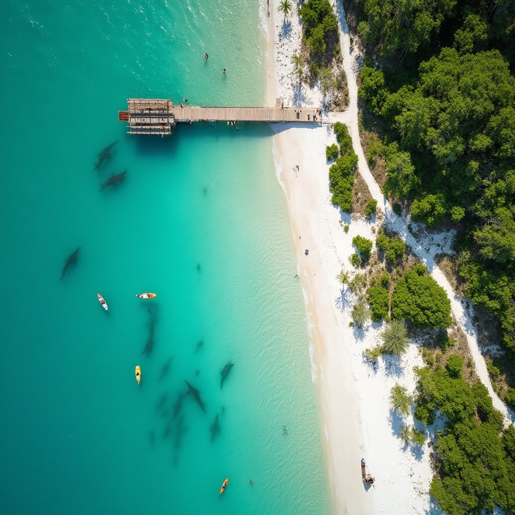 🏖️ Panama City Beach in May: Your Ultimate Insider's Guide to Sun, Sand, and Serenity Aerial view of St. Andrews State Park with clear turquoise waters, white sandy beaches, lush green vegetation, a nature trail through a forest, kayakers and dolphins near the shore, and a fishing pier with anglers.