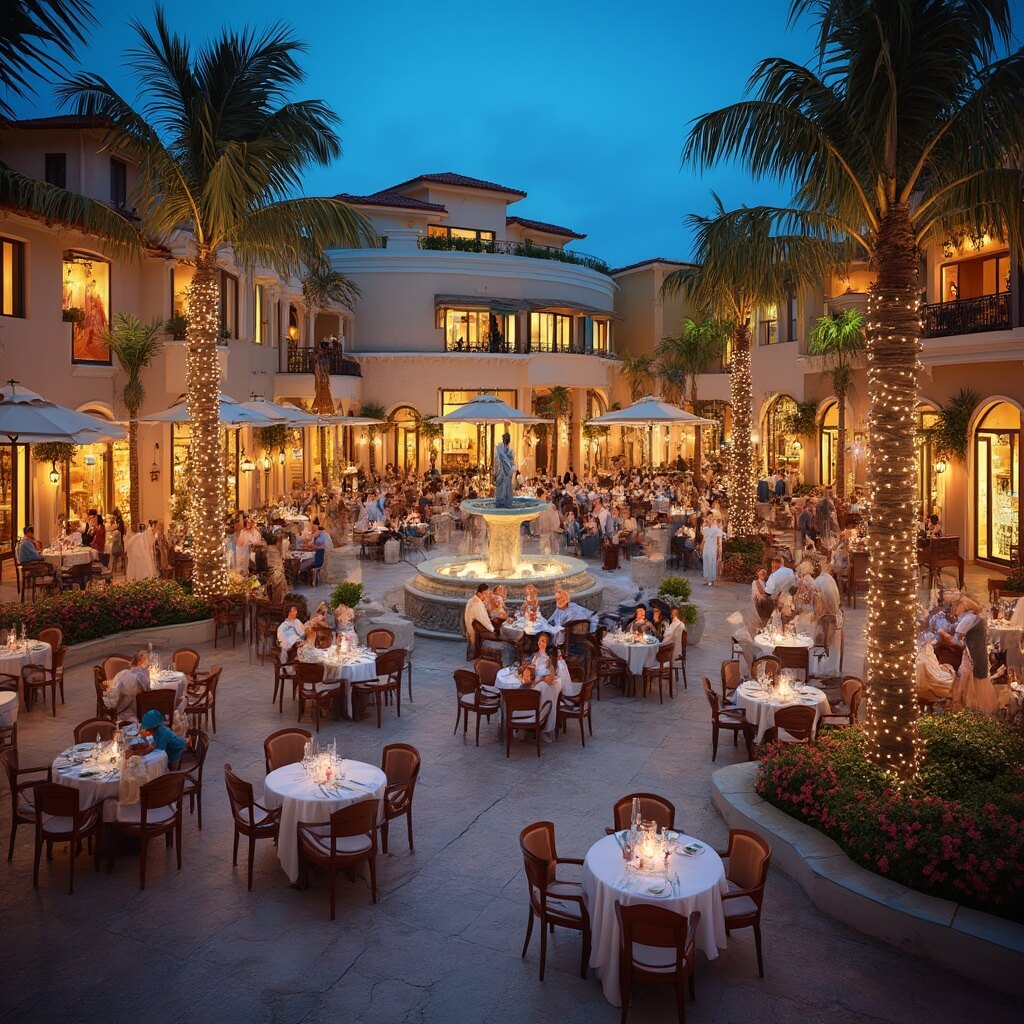 Sarasota Secrets: The Ultimate Insider's Guide to Mind-Blowing Adventures & Hidden Gems Elegant outdoor cafes and restaurants with warm lights at a Mediterranean-style circular plaza, St. Armands Circle, at dusk with palm trees, well-dressed diners, boutique storefronts, and musicians near a central fountain
